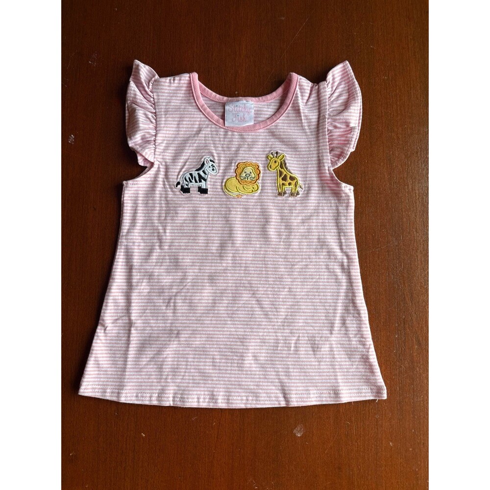 STITCHY FISH Girls pink striped t-shirt with animal SAFARI appliques
